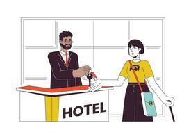 Hotel front desk check in flat line vector spot illustration. Concierge giving key to female hotel guest 2D cartoon outline characters on white for web UI design. Editable isolated colorful hero image