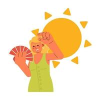 Sunny summer exhaustion flat concept vector spot illustration. European woman cooling down with hand fan 2D cartoon character on white for web UI design. Isolated editable creative hero image