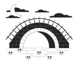 Stone bridge under river bw concept vector spot illustration. Moonlit night landscape 2D cartoon flat line monochromatic objects for web UI design.Editable isolated outline hero image