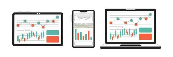 Devices with diagrams and charts monochrome flat vector object. Business statistics. Editable black and white thin line icon. Simple cartoon clip art spot illustration for web graphic design