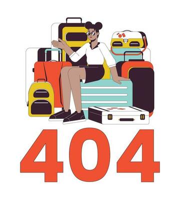 Suitcase pile sunglasses cool girl error 404 flash message. Woman sits on luggage bags. Empty state ui design. Page not found popup cartoon image. Vector flat illustration concept on white background