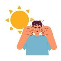 Heat stroke symptom flat concept vector spot illustration. Asian man struggling with heat exhaustion 2D cartoon character on white for web UI design. Overheated isolated editable creative hero image