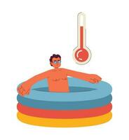 Swimming pool temperature high flat concept vector spot illustration. Hispanic man in kid pool 2D cartoon character on white for web UI design. Staying hydrated isolated editable creative hero image