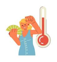 Hot day with high temperature flat concept vector spot illustration. Caucasian woman waving hand fan 2D cartoon character on white for web UI design. Heatwave isolated editable creative hero image