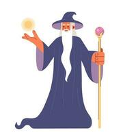 Wizard with magic powers semi flat color vector character. Editable full body old man in mage robe show magic power on white. Simple cartoon spot illustration for web graphic design