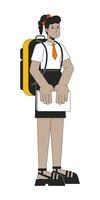 Pretty african american girl flat line color vector character. Editable outline full body teen in school uniform with backpack on white. Simple cartoon spot illustration for web graphic design