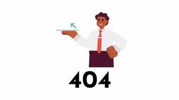 Financial advisor with rising arrow 404 error animation. Stock trading graph error message gif, motion graphic. Insurance agent animated character cartoon 4K video isolated on white background