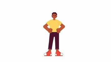 Confident afro american man standing 2D character animation. Happy young male with hands on hips flat cartoon 4K video, transparent alpha channel. Guy smart casual animated person on white background video