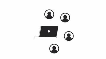 Laptop with default users icons bw 2D animation. Notebook profiles. Communication system 4K video motion graphic. Social network monochrome outline animated cartoon flat concept, white background