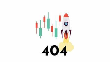 Stock market trends 404 error animation. Online trade error message gif, motion graphic. Trading candlesticks stocks with rocket take off animated object cartoon 4K video isolated on white background