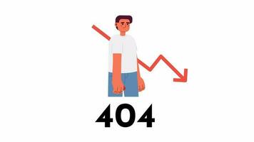 Stock market graph down 404 error animation. Price prediction. Bankruptcy error message gif, motion graphic. Unsuccessful businessman animated character cartoon 4K video isolated on white background