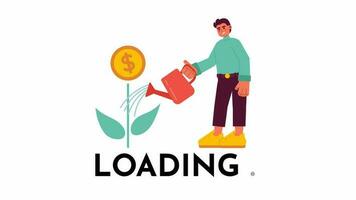 Business investment growth 2D loading animation. Businessman watering money tree animated cartoon character 4K video loader motion graphic. Investor banker pouring water download, upload progress gif