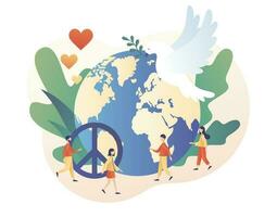 Globe, white pigeon and hippie sign as a peace symbol. World Peace Day. Tiny people live in love, calm and harmony. Modern flat cartoon style. Vector illustration on white background