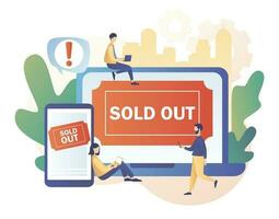 Tiny people use online booking system in gadgets. Sold-out event, sold-out crowd, no tickets available concept. Modern flat cartoon style. Vector illustration on white background