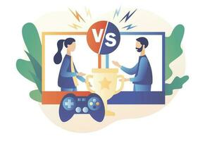 e-sport y cibersport concepto. contra profesional jugadores a vídeo juego en línea torneo compitiendo para trofeo. moderno plano dibujos animados estilo. vector ilustración en blanco antecedentes