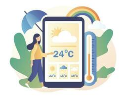 minúsculo niña acecho el clima pronóstico en teléfono inteligente aplicación clima pronóstico en línea. sol, nubes, viento, tormenta, lluvia. meteorología ciencia. moderno plano dibujos animados estilo. vector ilustración