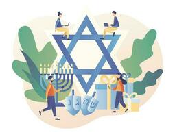 grande estrella David. contento Jánuca tradicional judío fiesta con minúsculo personas y símbolos - Menorah velas, dreidels hilado cima. moderno plano dibujos animados estilo. vector ilustración en blanco antecedentes