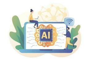 Artificial intelligence concept. AI, machine learning, analysis information. Digital brain with neural network on laptop screen. Modern flat cartoon style. Vector illustration on white background