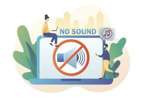 No sound. Stop noise sign and tiny people. Quiet zone concept. Volume off or mute mode sign for smartphone or laptop. Modern flat cartoon style. Vector illustration on white background