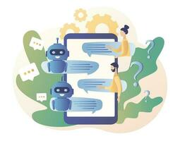 chatbot. ai robot asistente, en línea cliente apoyo. minúsculo personas chateando con chatbot solicitud. moderno plano dibujos animados estilo. vector ilustración en blanco antecedentes