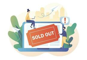 Tiny people use online booking system on laptop. Sold-out event, sold-out crowd, no tickets available concept. Modern flat cartoon style. Vector illustration on white background