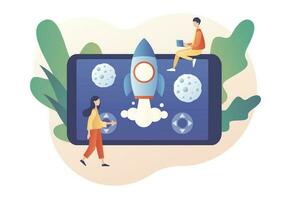 Retro game online. Tiny people playing video game with rocket and asteroids using laptop, smartphone and tablets. Modern flat cartoon style. Vector illustration on white background