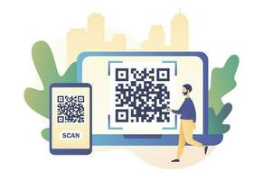 QR Code scanning concept. Tiny male scan code using smartphone and laptop. Modern flat cartoon style. Vector illustration on white background