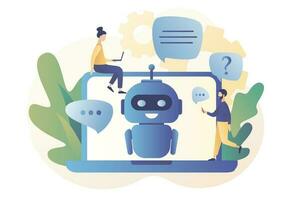 Chatbot. AI robot assistant, online customer support. Tiny people chatting with chatbot in laptop. Modern flat cartoon style. Vector illustration on white background