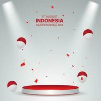 indonesia independence day banner with 3d podium, balloons and confetti. suitable for business promotion or greeting card vector