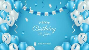 realistic birthday background vector design in blue and white color with balloons and confetti