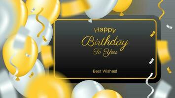 birthday background vector design with balloons and confetti in gold and white color