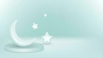 white 3d islamic background with crescent moon, stars and podium. suitable for ramadan kareem, eid mubarak, muharram, etc. vector