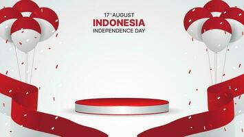 Indonesia independencia día bandera con 3d podio, globos y papel picado. adecuado para negocio promoción o saludo tarjeta vector