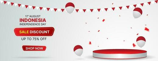 indonesia independence day banner with 3d podium, balloons and confetti. suitable for business promotion or greeting card vector