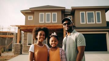 contento africano americano joven familia con orgullo en pie en frente de su nuevo casa - generativo ai. foto