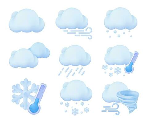 Weather forecast icon. Windy clouds and snow on a cold day. 3d vector illustration