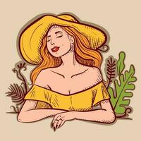 ilustración de un mujer en vacaciones disfrutando Dom y hojas alrededor su. vector de un rubia niña en amarillo vistiendo un sombrero y broncearse