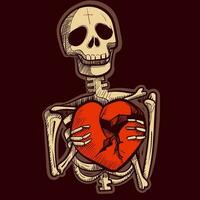 ilustración de un esqueleto participación un roto corazón en su manos. vector de un muerto gótico humano con huesos siendo triste y deprimido.