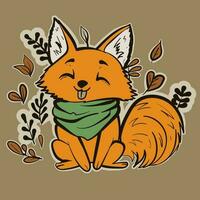 Illustration of a cute red fox sticking out his tongue. Vector of a wild animal wearing a scarf and having autumn leaves around it