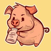 Illustration of a cute pig drinking a beverage with a straw. Vector of an adorable piggy holding a jar of milk