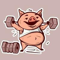 Digital art of a cartoon pig lifting weights and doing exercises. Fitness piglet bodybuilder with dumbbells working out to lose body fat vector