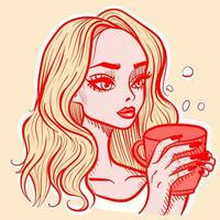 illustration of a blonde woman holding a mug. Vector of a girl drinking a cup of bubble tea.