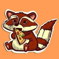 digital Arte de un linda mapache comiendo un rebanada de Pizza. vector de un linda rojo panda sentado y disfrutando rápido alimento.