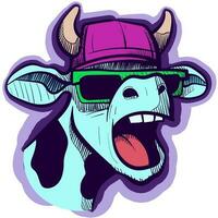 ilustración de un pintada vaca con Gafas de sol y un hip hop sombrero gritando. vector de un frio cadera salto toro hablando