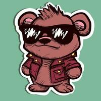 ilustración de un difícil marrón oso vistiendo un cuero chaqueta y un par de Gafas de sol. vector de un metalero osito de peluche oso