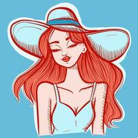 Illustration of a redhead woman with a blue hat and swimsuit. Vector of a girl with summer vibes