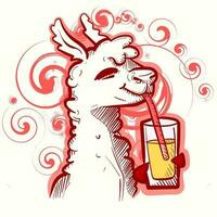 digital Arte de un blanco llama Bebiendo limonada con un paja. vector de un alpaca participación un gaseado bebida
