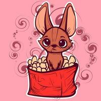 Digital art of a small dog sitting in a bag of chips. Vector of a cute chihuahua or coyote with big ears in a box of snacks.