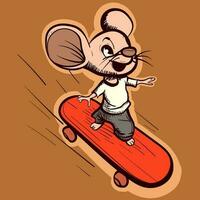 Illustration of a small happy rat in motion on a skateboard. Vector of a skater mouse cartoon character on a board.