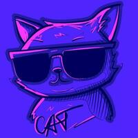 Digital art of a cool cat wearing sunglasses under pink neon lights. Vector of a gangsta kitty with glasses and graffiti text